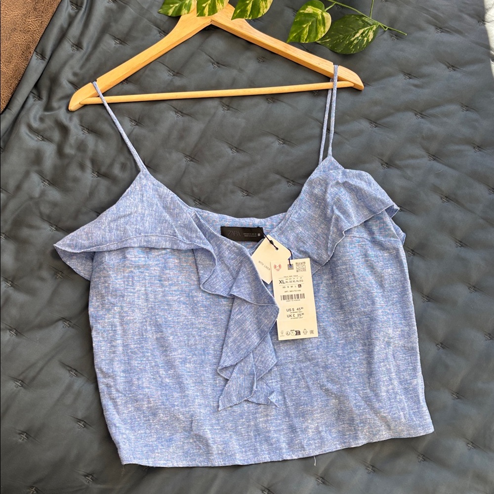 🆕 Zara | Women’s NWT Light Blue Ruffled Linen Camisole Tank XL